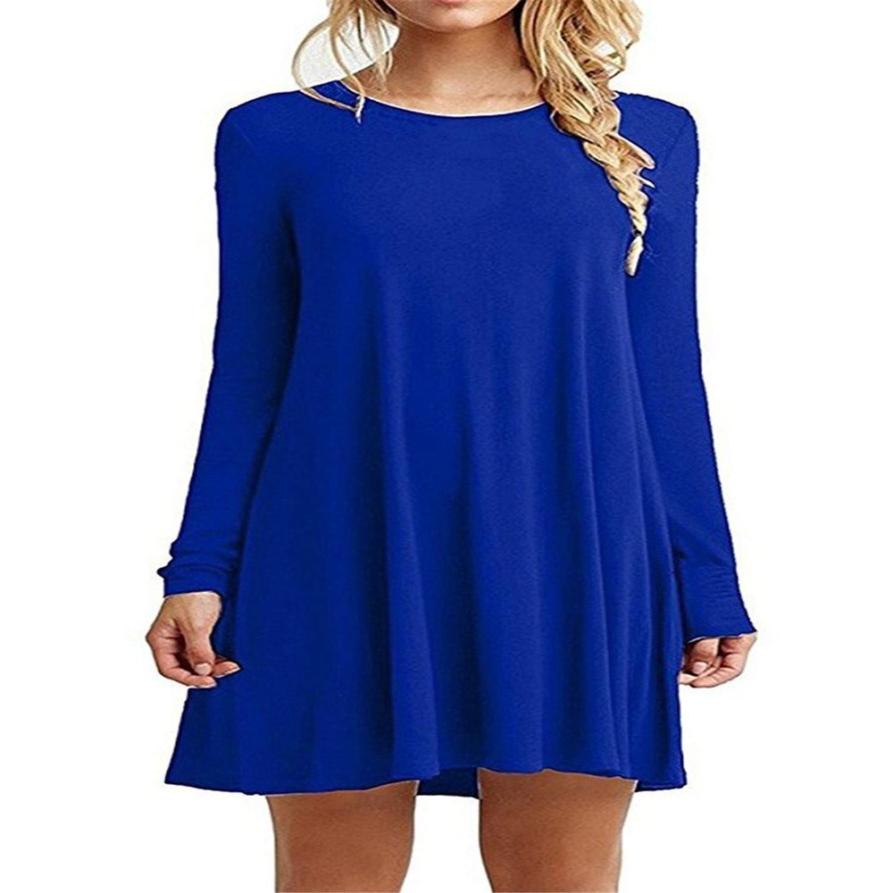 Andongnywell Women's Long Sleeve Pockets Casual Swing T-Shirt Dresses Solid Colors Simple Loose Dress (Blue,X-Large)