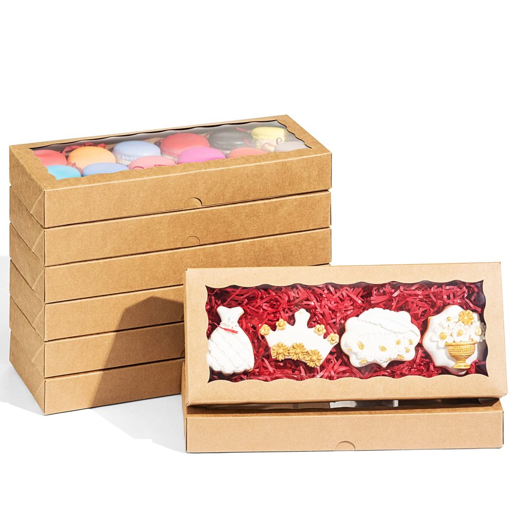 JCXPACK 100PCS 12 x 5 x 1.5 inches Auto-Popup One Piece Premium Cookie Boxes, Mini Strawberry Boxes, Kraft Brown Bakery Box for Holiday Cookie Gift Sets
