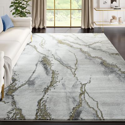 Abani 5'3"x7'6" (5x8) Contemporary Grey & Metallic Gold Area Rug, Non-Shed Modern Rugs Marble Print Dining Room Rug