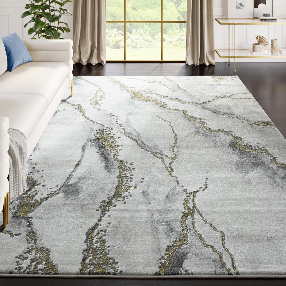 Abani 5'3"x7'6" (5x8) Contemporary Grey & Metallic Gold Area Rug, Non-Shed Modern Rugs Marble Print Dining Room Rug