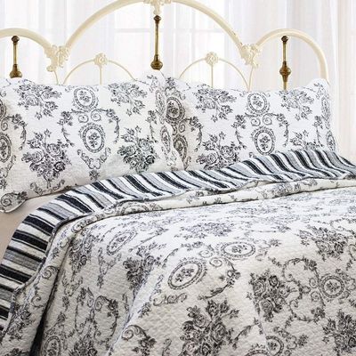 3 Piece French Medallion Striped Pattern Cotton Quilt Queen Size Coverlet Set, Classic Soft Texture Reversible Farmhouse Bedding Set, Vintage Durable Colorful Black Quilt Bedspread Set, Bedroom Decor