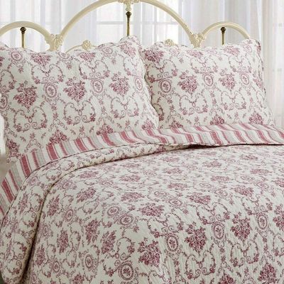 3 Piece French Medallion Striped Pattern Cotton Quilt Queen Size Coverlet Set, Classic Soft Texture Reversible Farmhouse Bedding Set, Vintage Durable Colorful Red Quilt Bedspread Set, Bedroom Decor