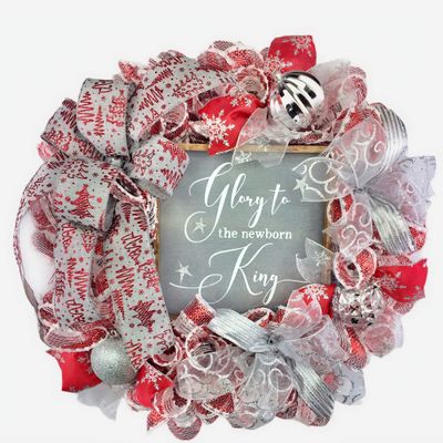 Artisan 20x20x6 "Glory to the newborn King" Christmas Wreath, One of a Kind, Very Full Made with Metallic Red & White Snow Weatherproof Fabric