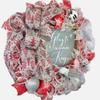 Artisan 20x20x6 "Glory to the newborn King" Christmas Wreath, One of a Kind, Very Full Made with Metallic Red & White Snow Weatherproof Fabric view 3