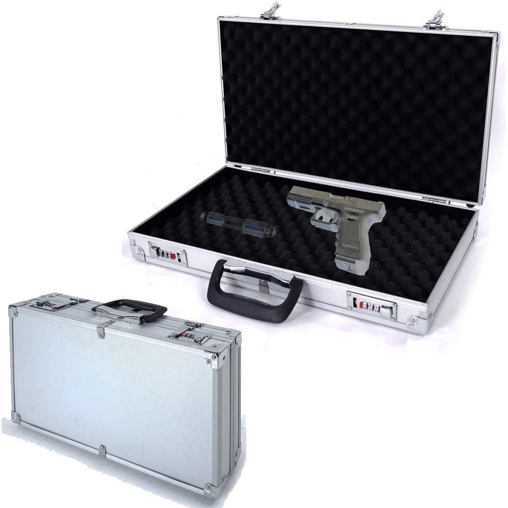 Amebee Gun Safe Aluminum ABS Foam Case Solid Framed Locking Gun Pistol Hand Gun Lock Box Hard Storage Hand Carry Value Items Security Gun Box Compact Size inches Secure Carry Solid