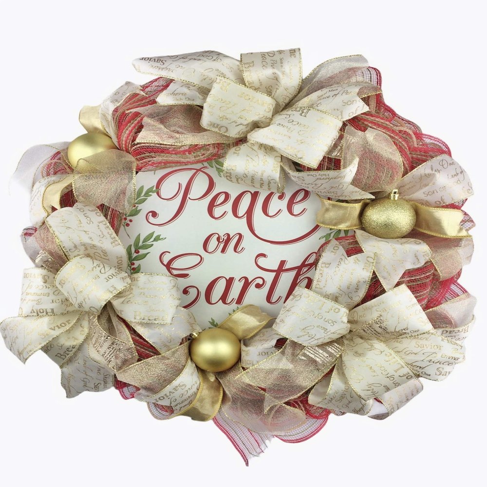 Artisan "Peace on Earth" Christmas Wreath with Ball Ornaments & Bow. Very Full, Made with 30 feet of Jute Mesh.