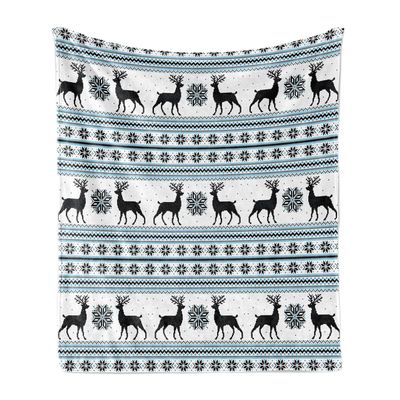 Ambesonne Nordic Throw Blanket, Chevron Zigzags Winter Floral Arrangement Norwegian Reindeer Snow Pattern, Flannel Fleece Accent Piece Soft Couch Cover for Adults, 50" x 70", Black White Sky Blue
