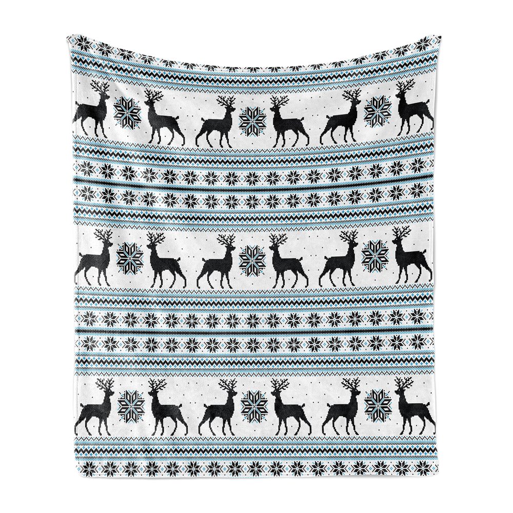 Ambesonne Nordic Throw Blanket, Chevron Zigzags Winter Floral Arrangement Norwegian Reindeer Snow Pattern, Flannel Fleece Accent Piece Soft Couch Cover for Adults, 50" x 70", Black White Sky Blue