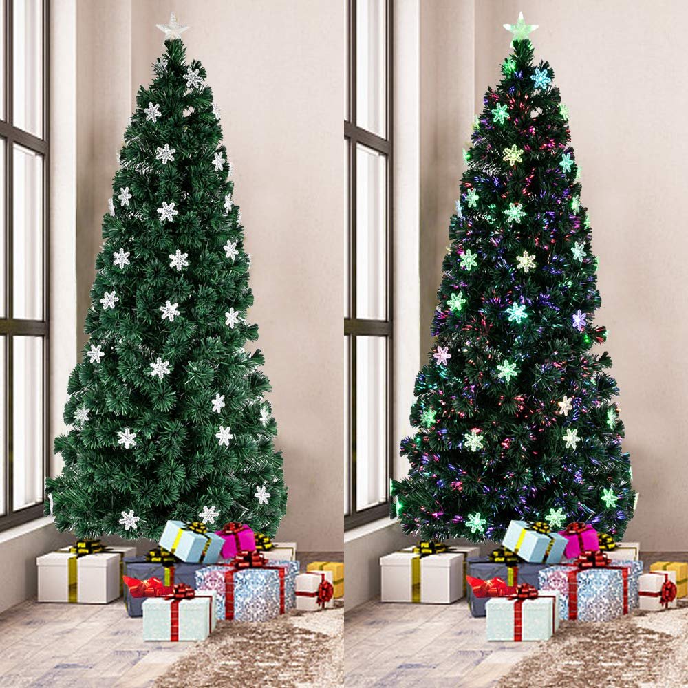 7FT Small Light Fiber Optic Christmas Tree 290 Branches Artificial Christmas Tree with LED Small Light & 58 Acrylic Snowflakes