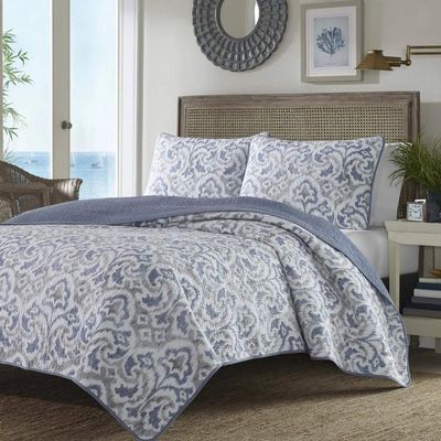 3 Piece Mid-Century Modern Damask Cotton Quilt Full - Queen Size Set, Traditional Vintage Tie Dye Novelty Pattern Reversible Texture Print Durable Softest Colorful Blue Grey Quilt Coverlet Set