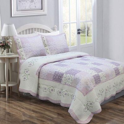 3 Piece Traditional Floral Patchwork Quilt King Size Coverlet Set, Cottage Country Reversible Lovely Feminine Shabby Chic Bedding Set, Beautiful Soft Cotton Colorful Lilac Lavender Purple Quilt Set