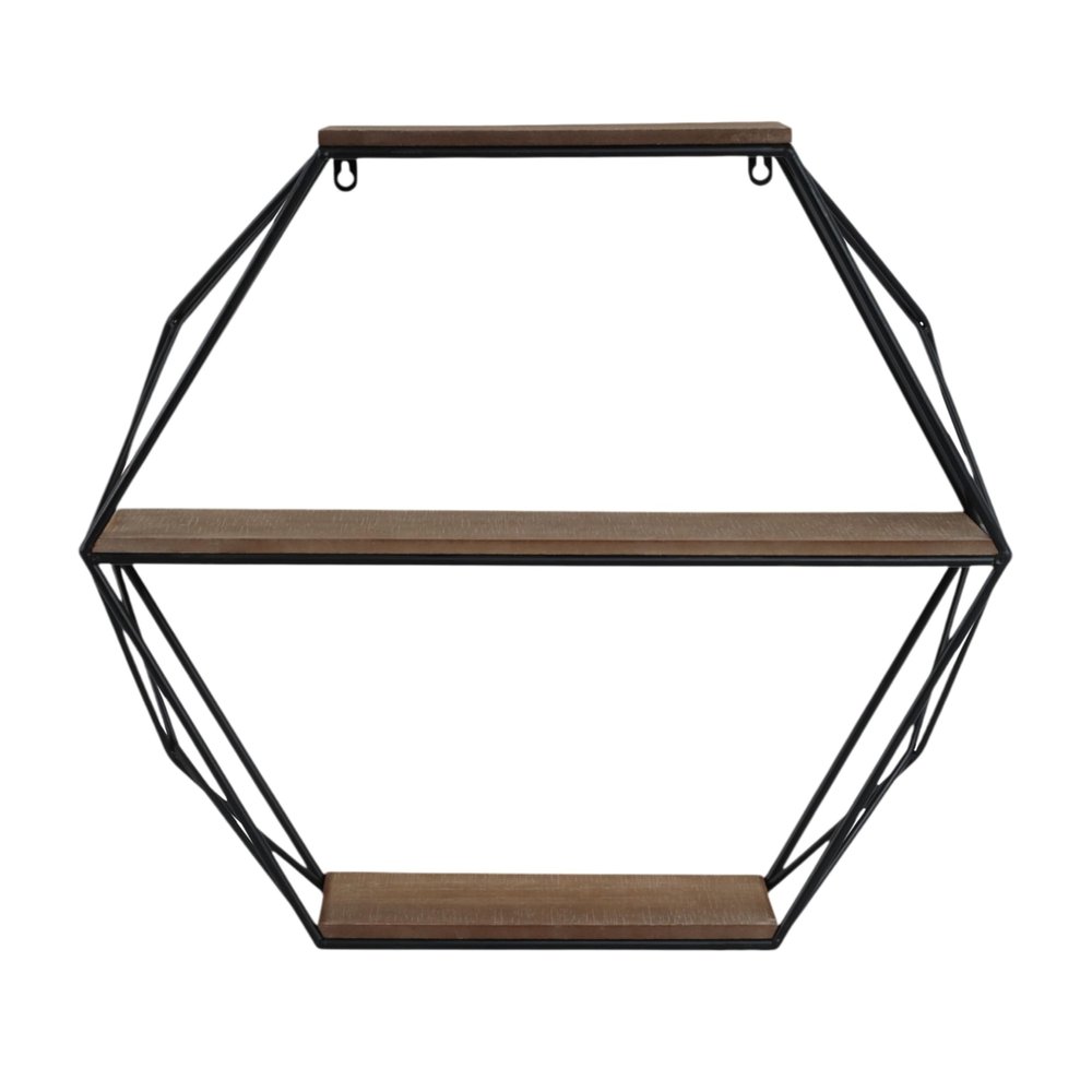 Geometric Decorative Wall Shelf  3-Tier Metal & Wood Home Decor Floating Display Shelf  Modern Wall Shelves for Bathroom, Bedroom & Living Room  Brown & Black, 24"
