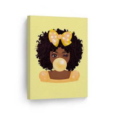 SmileArtDesign Cute African Girl Curly Hair Yellow Bubble Gum Canvas Print Kids Room Wall Art African Art Nursery Decor Home Decor Ready to Hang -%100 Made in The USA - 36x24