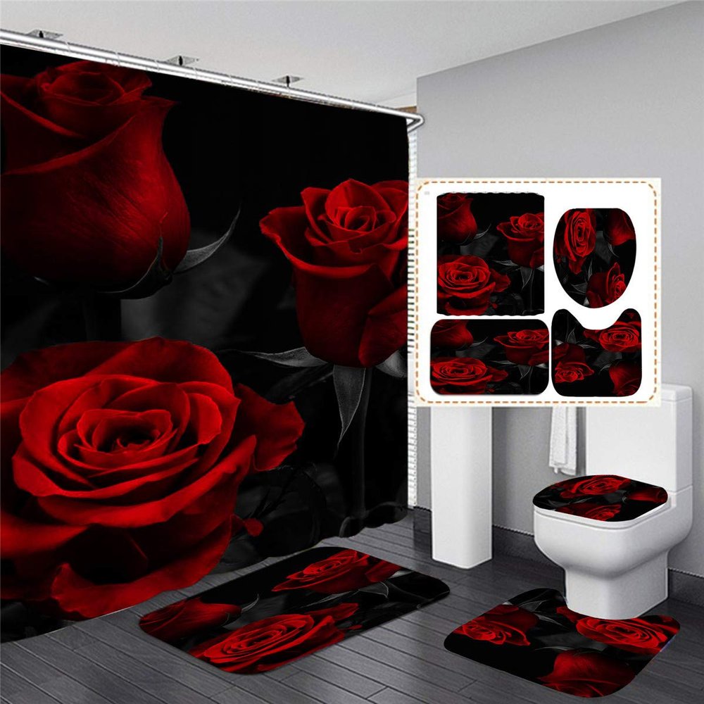 4PCS Red Rose Shower Curtain Sets with Non-Slip Rugs,Toilet Lid Cover and Bath Mat Waterproof Polyester Fabric Shower Curtains for Bathroom with 12 Hooks Three Red Rose Bathroom Decor Sets 71"x71"
