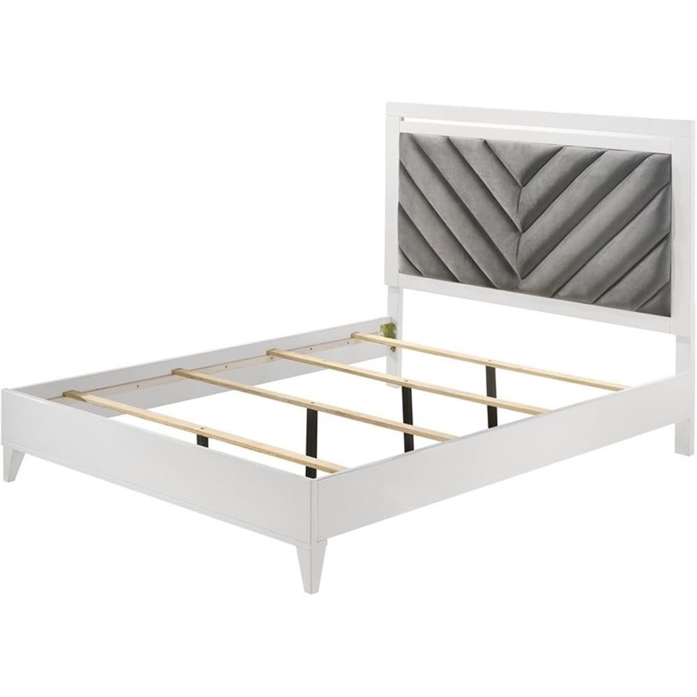 Acme Chelsie Wooden Queen Bed with Velvet Headboard in Gray and White