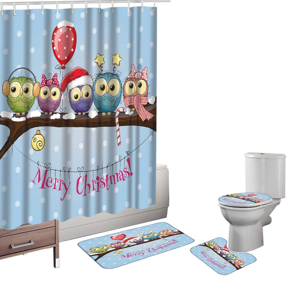 Amgaical Merry Christmas Five Owls on A Branch with Balloon Pattern 4 Piece Bathroom Mat Set Shower Curtain Set Bath Mat Contour Mat Toilet Cover Shower Curtain with 12 Hooks