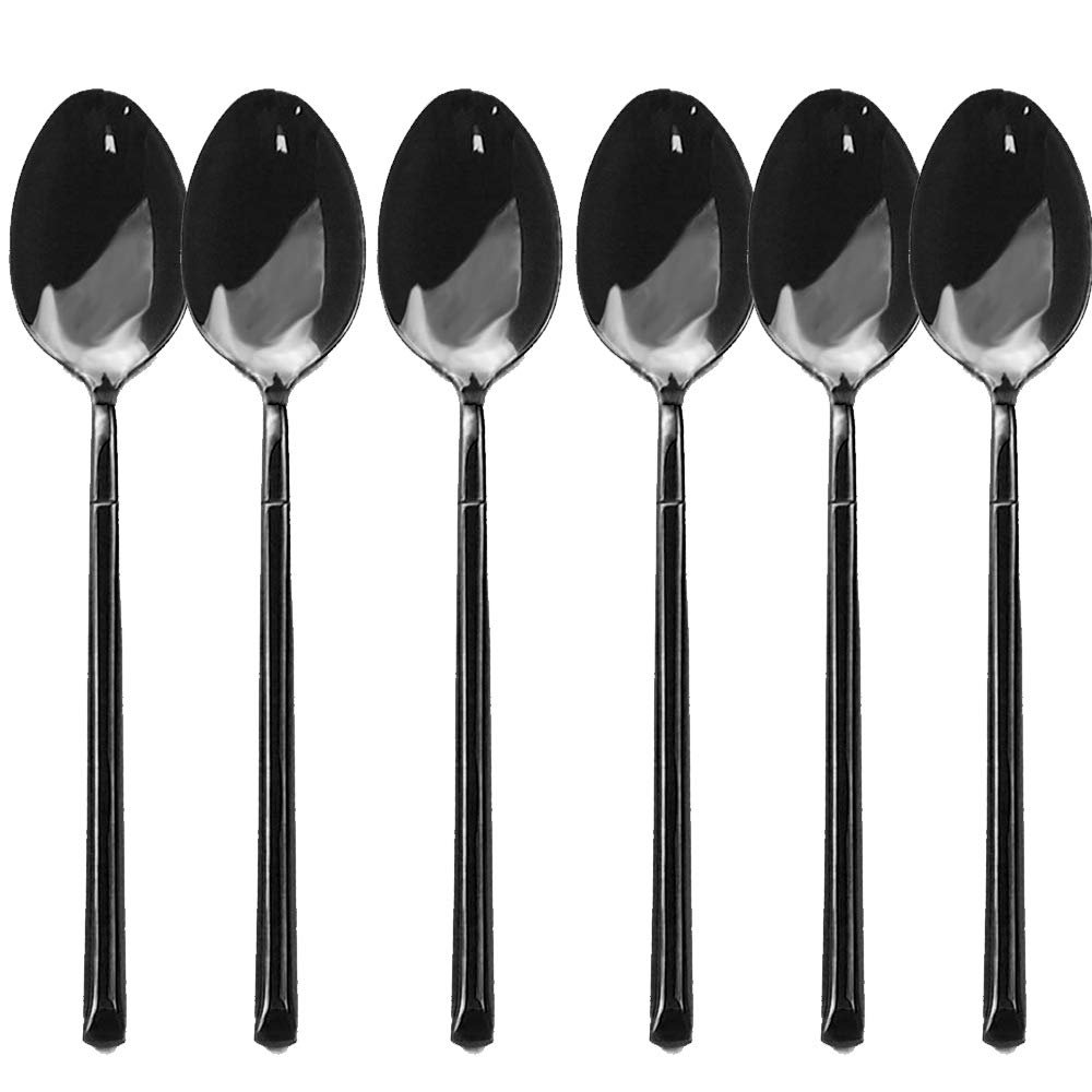 Uniturcky Black Dinner Spoons, Fun Life 6-Piece Large Stainless Steel Spoons Set Mirror Polished Modern Flatware Cutlery Spoons for Home, Kitchen or Restaurant