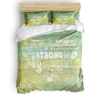 4 Piece Bedding Set Full Size Comforter Cover for Boy, Healing Wishes Get Well Soon Soft Polyester Shrink Fade Resistant Kid's Duvet Cover Sets Hope Faith Love Harmony Joy Inspiring Vintage Green