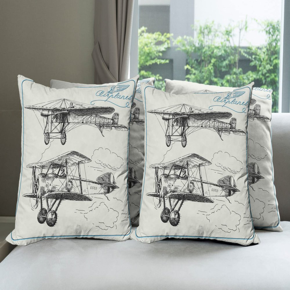 Ambesonne Airplane Throw Pillow Cushion Case Pack of 4, Classic Nostalgic Planes Aircraft Propeller in The Sky Fast Travel Wings Sketch, Modern Accent Double-Sided Digital Printing, 18", Blue Black