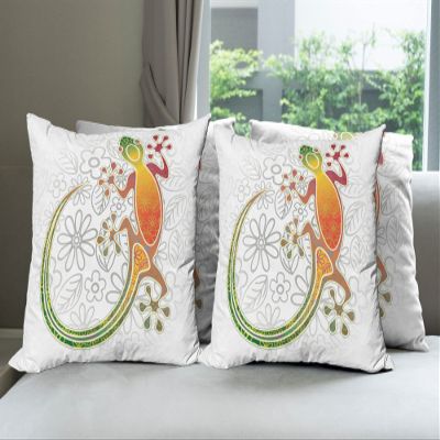 Ambesonne Batik Decorative Throw Pillow Case Pack of 4, Native Southeast Common House Gecko Moon Lizard Tropical Monster Graphic Design, Cushion Cover for Couch Living Room Car, 18", Orange Green
