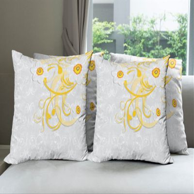 Ambesonne Daffodil Throw Pillow Cushion Case Pack of 4, Daffodils on Ornate Background Floral Repeating Swirling Curves Spring Pattern, Modern Accent Double-Sided Digital Printing, 18", Grey Yellow