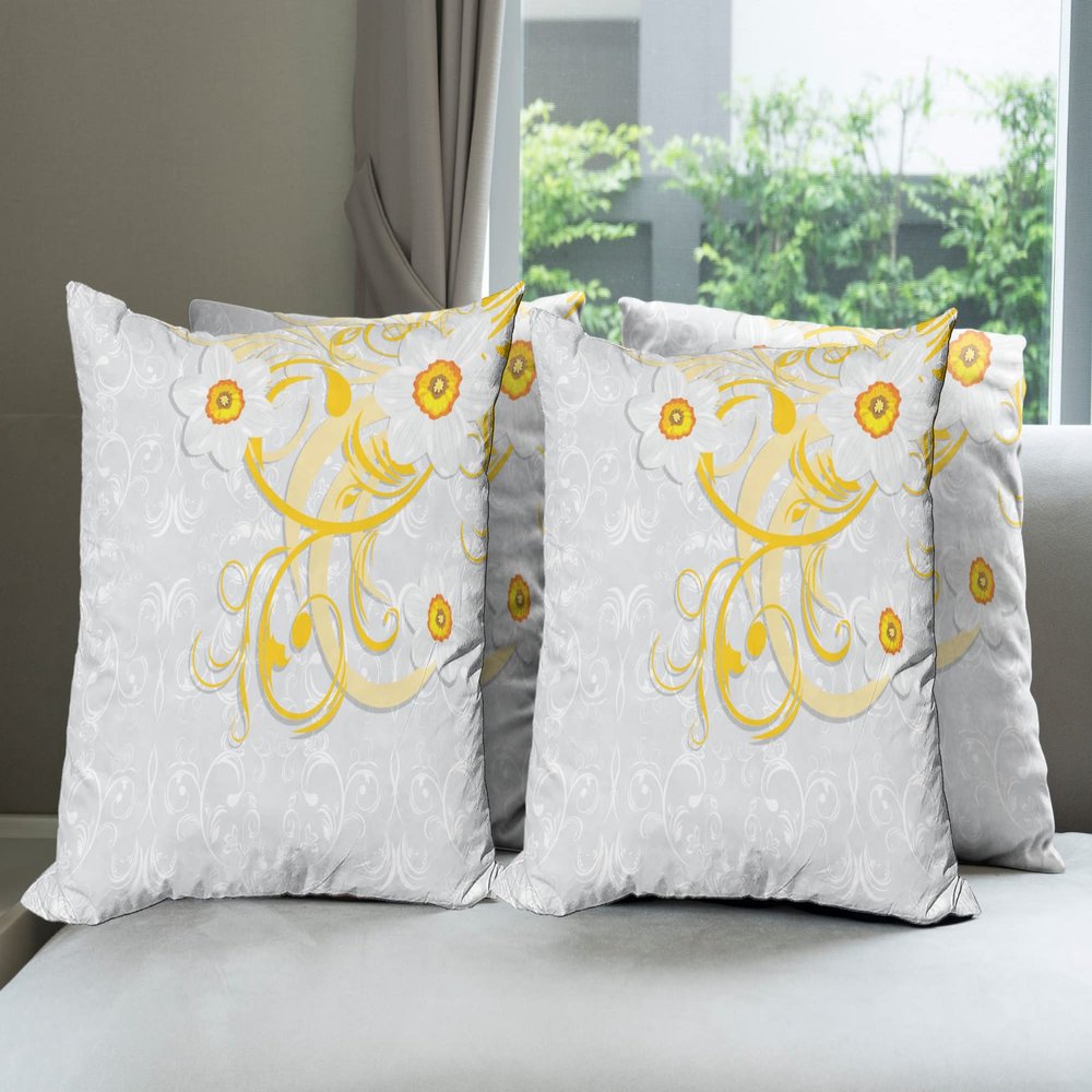 Ambesonne Daffodil Throw Pillow Cushion Case Pack of 4, Daffodils on Ornate Background Floral Repeating Swirling Curves Spring Pattern, Modern Accent Double-Sided Digital Printing, 18", Grey Yellow