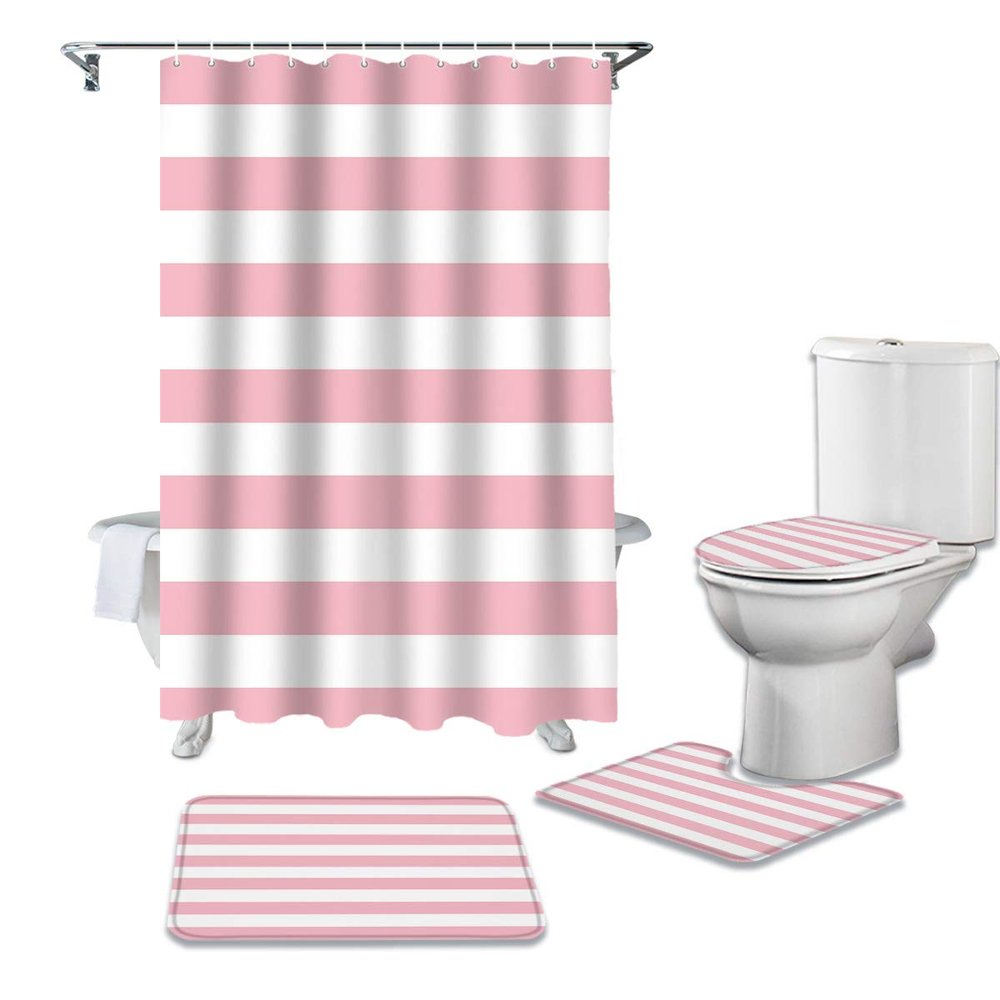 4 Pcs Shower Curtain Set Include Non-Slip Bath Rug Toilet Lid Cover Contour Mat Waterproof Bath Curtain Pink and White Stripes for Bathroom Decor
