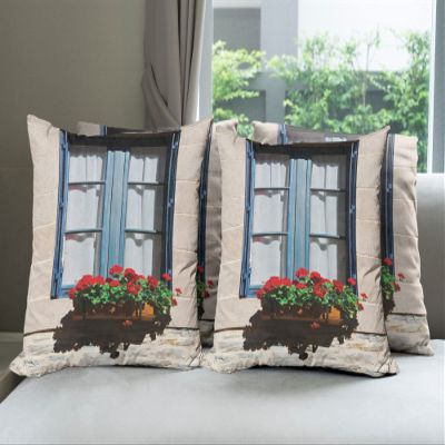 Ambesonne Country Decorative Throw Pillow Case Pack of 4, Mediterranean Style Window Open Shutters Image French Urban Life Theme Print, Cushion Cover for Couch Living Room Car, 18", Blue Grey