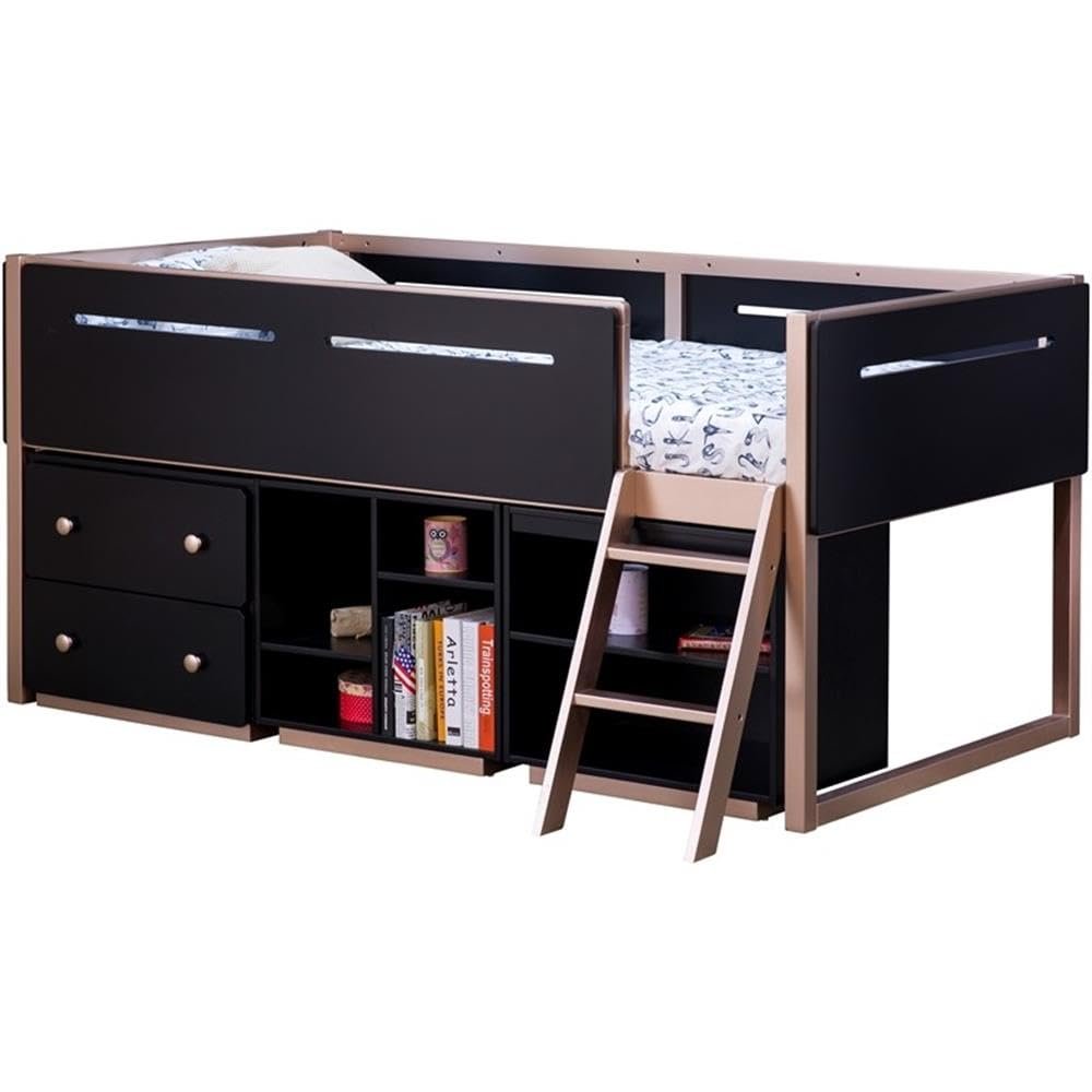 Acme Prescott Wooden Frame Bookshelf with 2 Compartments in Black and Rose Gold