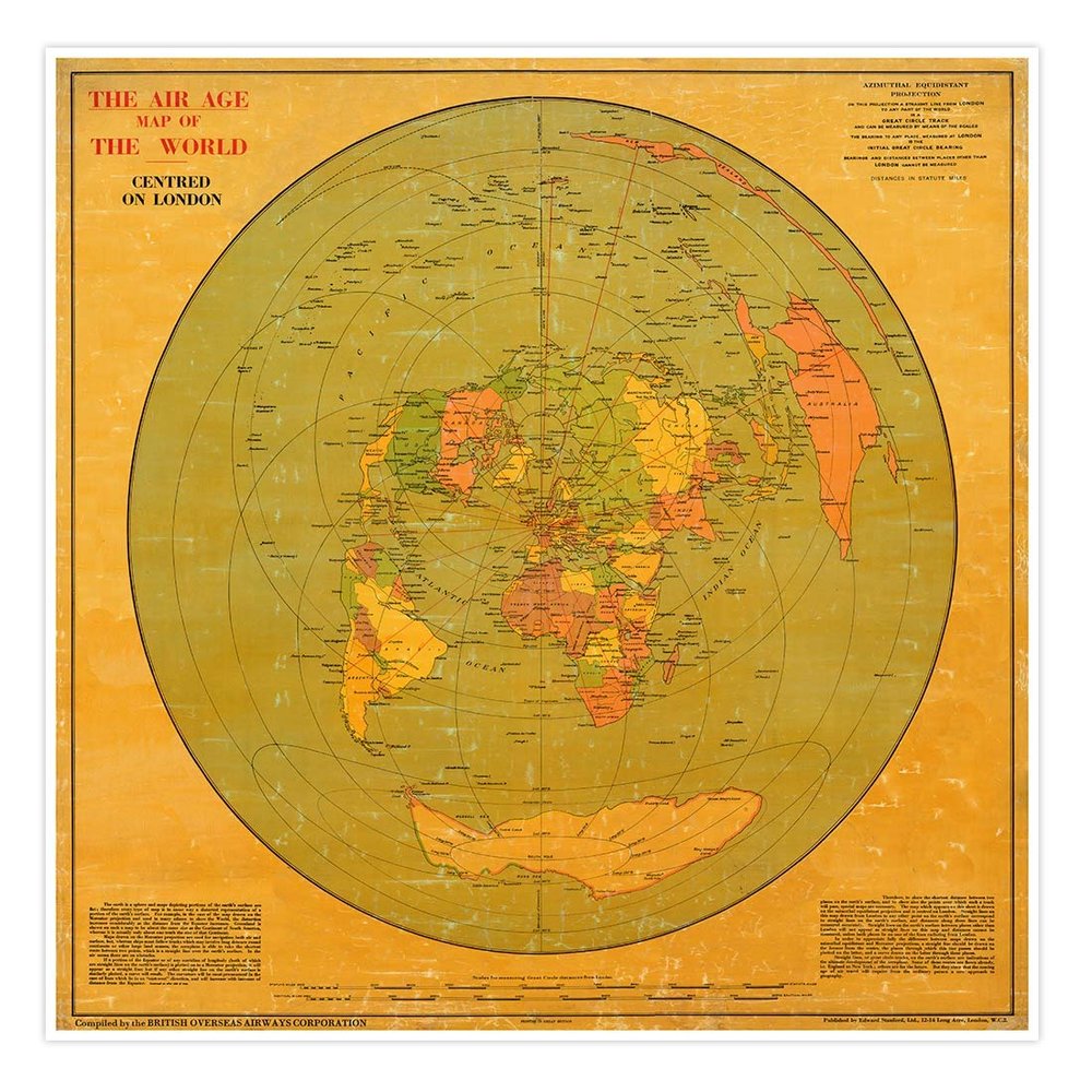 Antiguos Maps - Air Age Map of The World Centred on London England Circa 1945 - Measures 24 inches x 24 inches (610 mm x 610 mm)