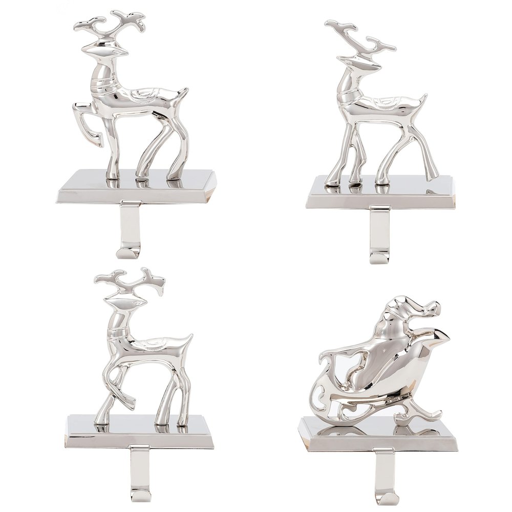 BIRDROCK HOME Reindeer & Santa Claus Stocking Holder Set for Mantle - Set of 4 - Christmas Decorations - Holiday Mantle Fireplace Topper - Decorative Metal Hanger for Stockings - Home Dcor Stand