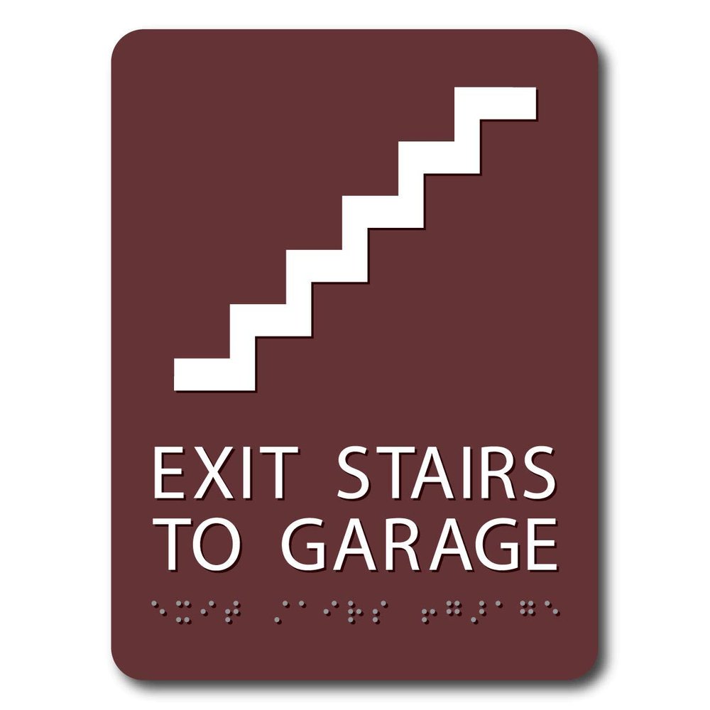 The Sign Studio - 6" x 9" - Bordeaux/White - ADA - Exit Stairs to Garage with Pictorial Sign with Tactile & Braille