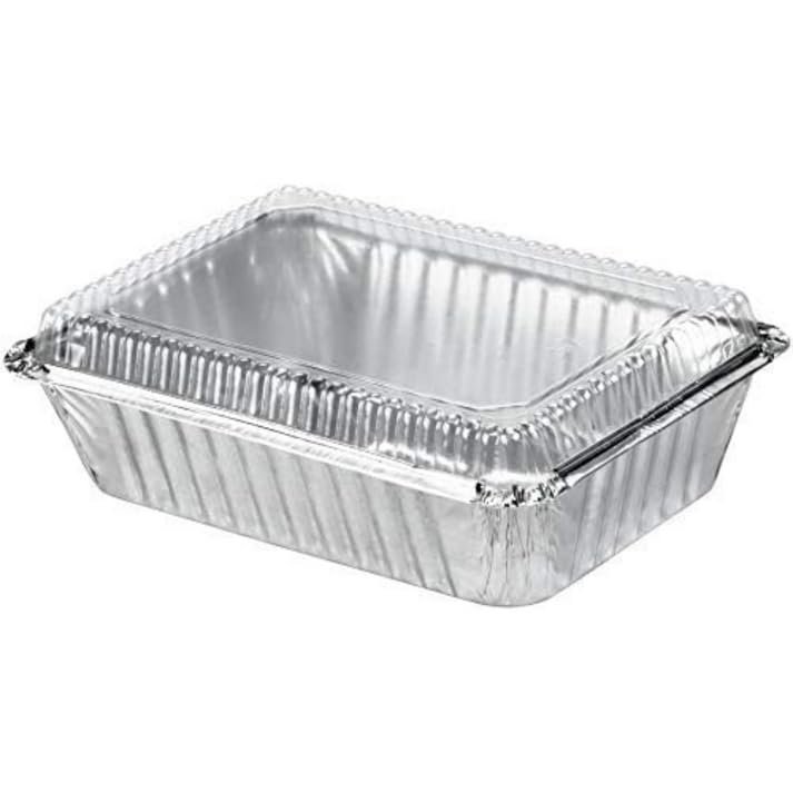 Nicole Fantini Aluminum Oblong Pans 2.25 Lb with Aluminum Board and Dome Lids | Heavy Duty Disposable Foil Baking Trays for Oven Freezer Meal Prep Catering Storage | Set of 50