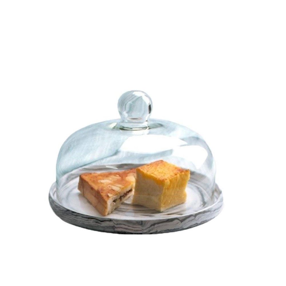 7/8" Grey Cake Pan, Marble Texture Ceramic Fruit Tasting Tray Transparent Glass Dustproof Preservation Cover Cake Bread Salad Dome (Color : Gray, Size : 18.618.611.6CM)