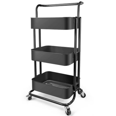 Homchwell 3 Tier Metal Utility Rolling Cart with Lockable Wheels, Multifunction Movable Storage Shelves Organizer Cart with Handle and Mesh Basket for Kitchen, Coffee Bar,Bathroom, Office