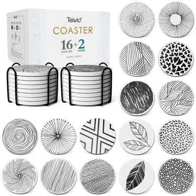 Absorbing Stone Coasters for Drinks Cork Base, with 2 Holder, for Housewarming, Apartment Kitchen Room Bar Decor, Suitable for Wooden Table, Set of 16 (Black)