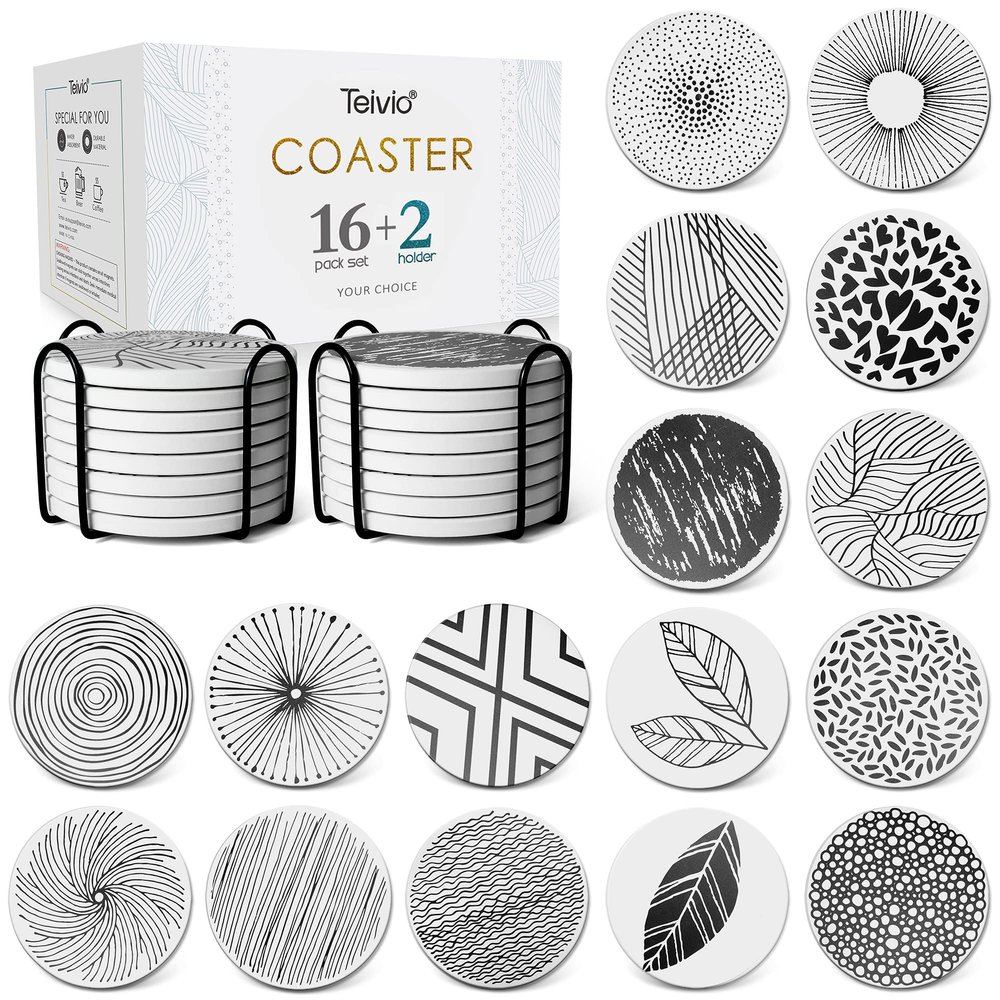Absorbing Stone Coasters for Drinks Cork Base, with 2 Holder, for Housewarming, Apartment Kitchen Room Bar Decor, Suitable for Wooden Table, Set of 16 (Black)