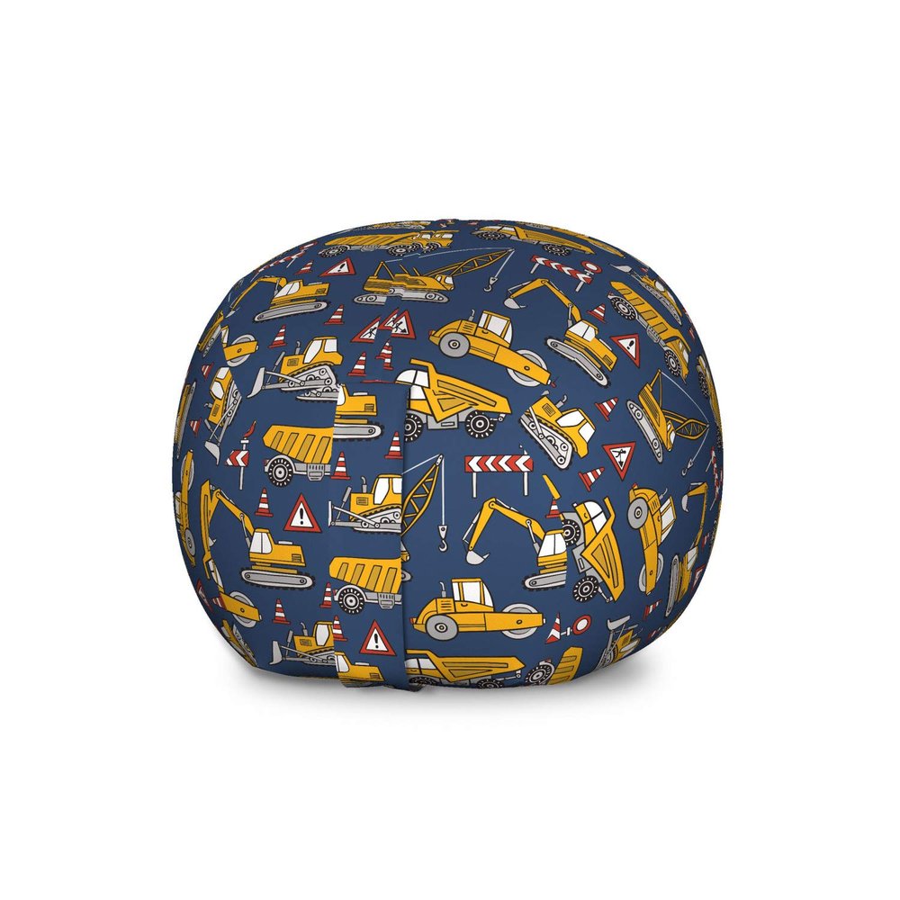 Ambesonne Cars Storage Toy Bag Chair, Construction Lorry Bulldozer Excavator Machinery Autos Traffic Signs, Stuffed Animal Organizer Washable Bag, Large Size, Blue Yellow