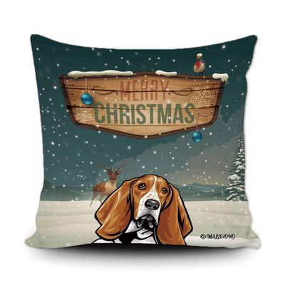 MALIHONG Merry Christmas Pillowcase Peeking Dog Basset Hound in Snow Deer Bird Christmas Balls Vintage Throw Pillow Cover for Home Decor 16x16 Inch