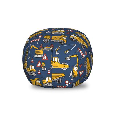 Ambesonne Cars Storage Toy Bag Chair, Construction Lorry Bulldozer Excavator Machinery Autos Traffic Signs, Stuffed Animal Organizer Washable Bag, Small Size, Blue Yellow