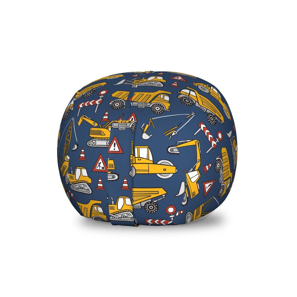 Ambesonne Cars Storage Toy Bag Chair, Construction Lorry Bulldozer Excavator Machinery Autos Traffic Signs, Stuffed Animal Organizer Washable Bag, Small Size, Blue Yellow