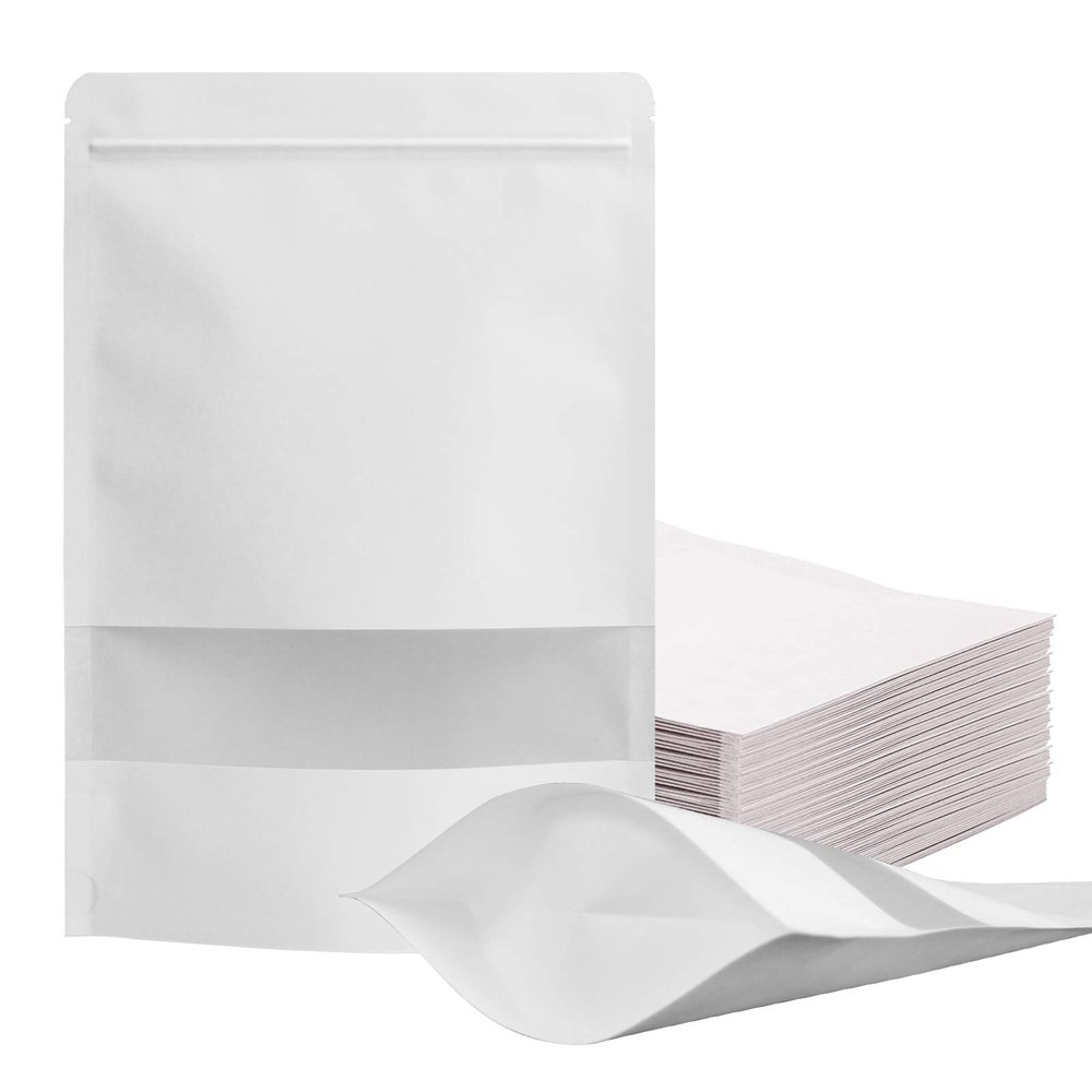 FireKylin 100 Pcs Resealable Bags,Inner Size 6.4" x 7.3" (Outer Size 7.1" x 10.2") Stand Up White Paper Bags with Matte Window, Zipper Food Storage Bags for Packaging Products, Reusable, Sealable