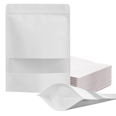 FireKylin 100 Pcs Resealable Bags,Inner Size 6.1" x 6.5" (Outer Size 6.7" x 9.4") Stand Up White Paper Bags with Matte Window, Zipper Food Storage Bags for Packaging Products, Reusable, Sealable