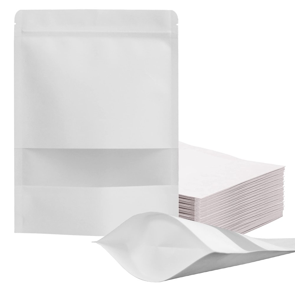 FireKylin 100 Pcs Resealable Bags,Inner Size 6.1" x 6.5" (Outer Size 6.7" x 9.4") Stand Up White Paper Bags with Matte Window, Zipper Food Storage Bags for Packaging Products, Reusable, Sealable