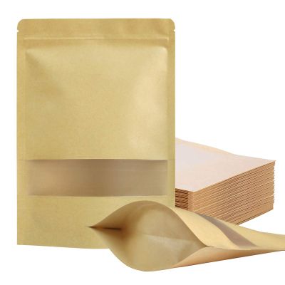 FireKylin 100 Pcs Resealable Bags, Inner Size 6.4" x 7.3" (Outer Size 7.1" x 10.2") Stand Up Paper Bags with Matte Window, Zipper Food Storage Bags for Packaging Products, Reusable, Sealable