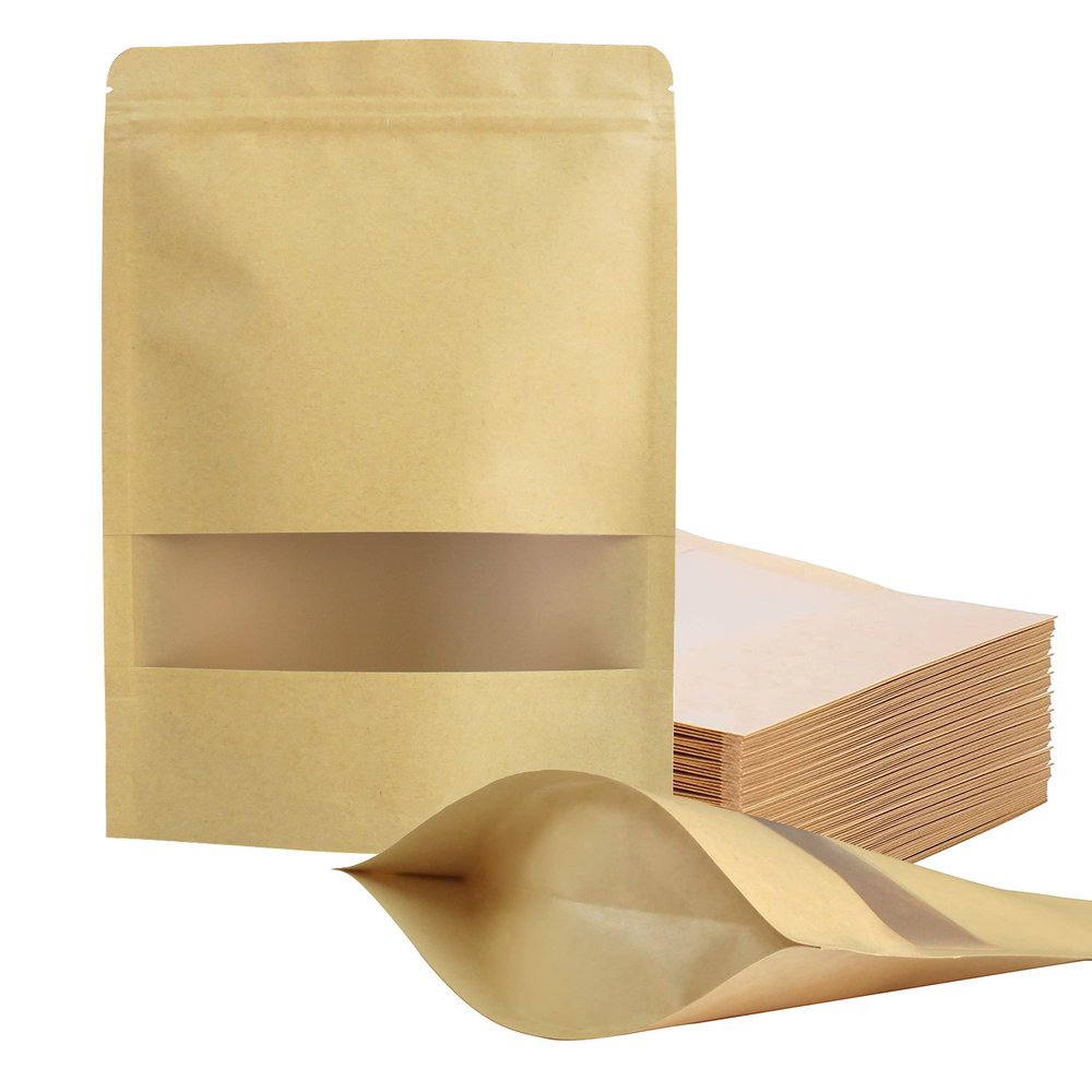 FireKylin 100 Pcs Resealable Bags,Inner Size 6.1" x 6.5" (Outer Size 6.7" x 9.4") Stand Up Paper Bags with Matte Window, Zipper Food Storage Bags for Packaging Products, Reusable, Sealable
