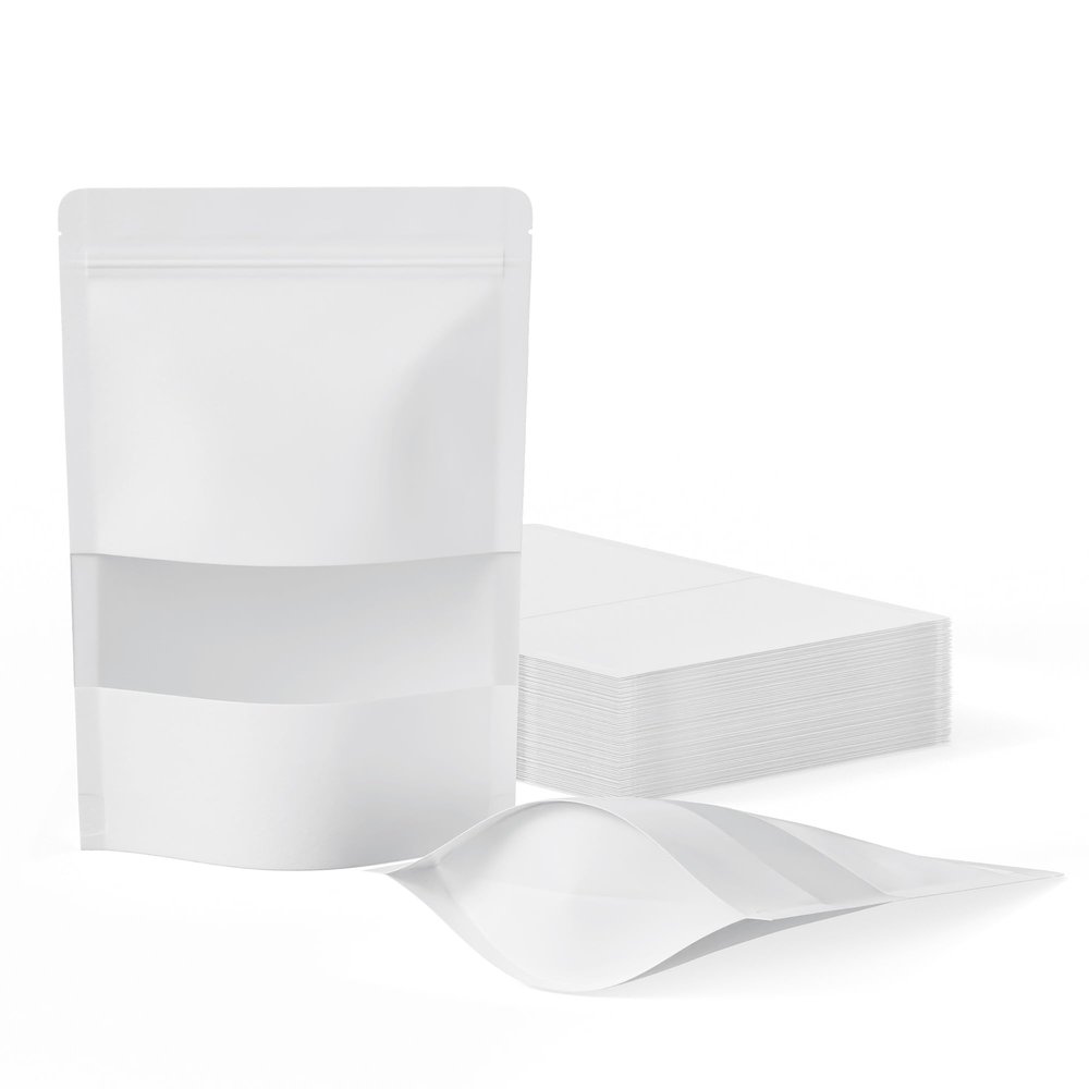 FireKylin 100 Pcs Resealable Bags,Inner Size 4.9" x 5" (Outer Size 5.5" x 7.9") Stand Up White Paper Bags with Matte Window, Zipper Food Storage Bags for Packaging Products, Reusable, Sealable