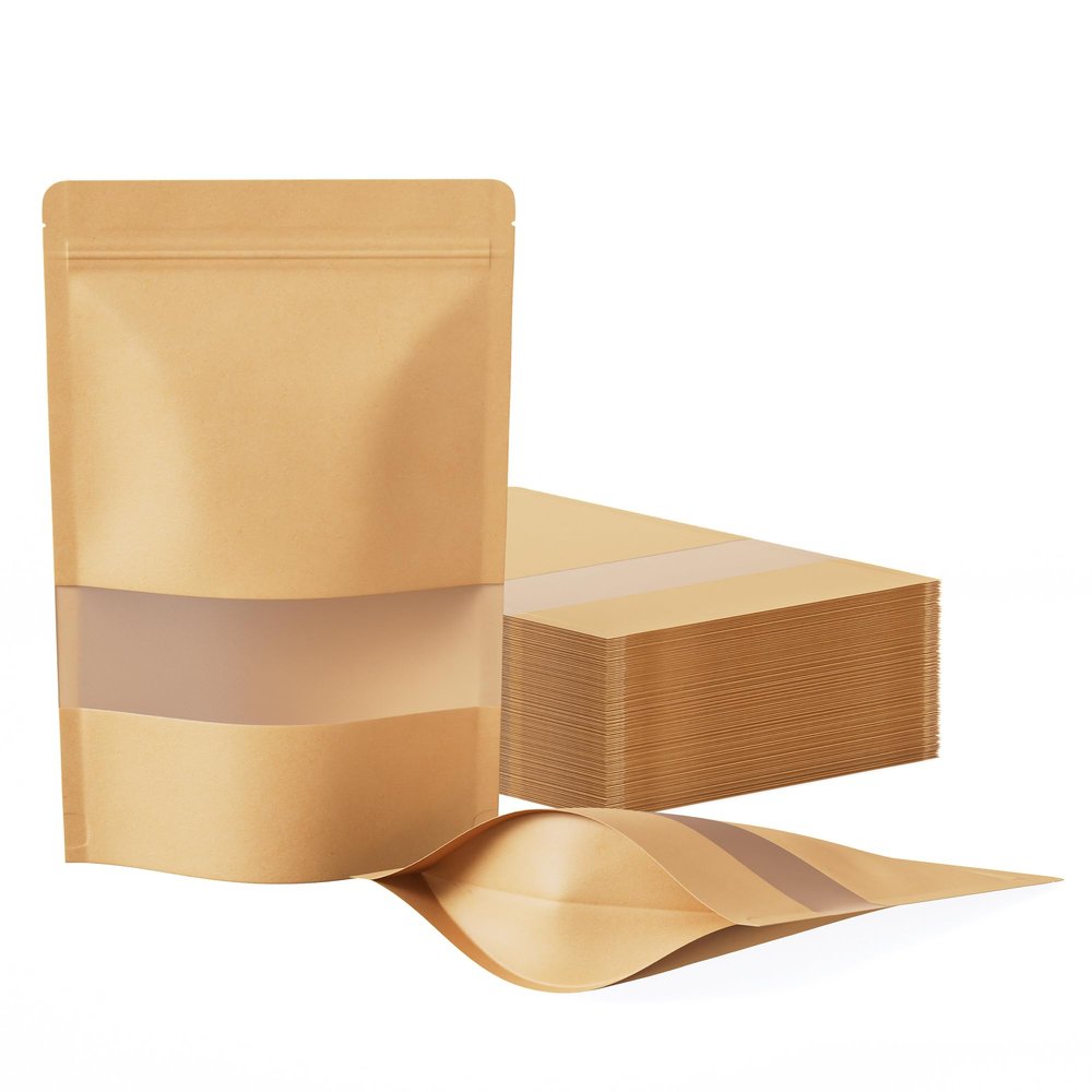 FireKylin 100 Pcs Resealable Bags,Inner Size 5.2" x 5.7" (Outer Size 5.9" x 8.6") Stand Up Paper Bags with Matte Window, Zipper Food Storage Bags for Packaging Products, Reusable, Sealable