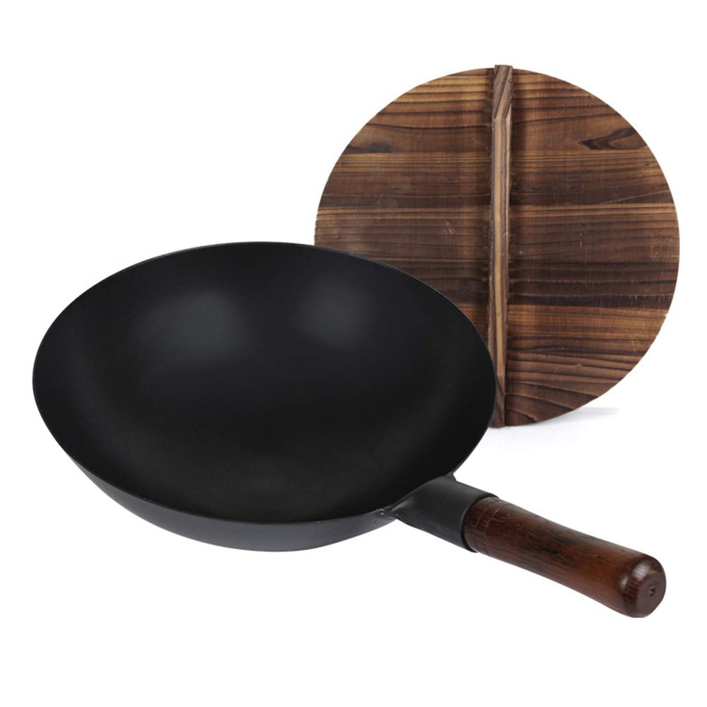 AIZYR Traditional Wok Pan/Stir Fry Pan, No Coating Iron Pot with Wooden Handle and Wooden Lid for Gas Stoves,A,32CM