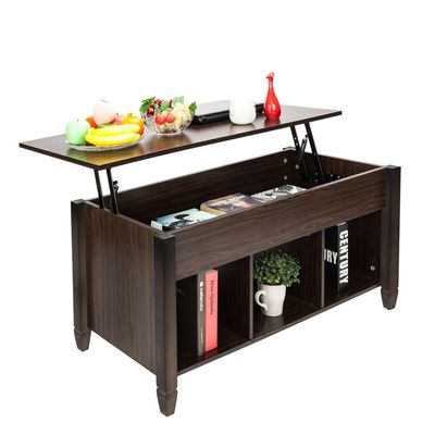 AICKSN Minimalist Wooden Lift Top Coffee Table W/Hidden Compartment and Storage Shelves Pop-Up Storage Cocktail Table (Brown)